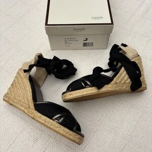 Women's 8 COACH Mila Vintage Black Pewter Espadrille Wedge Lace Up Sandals